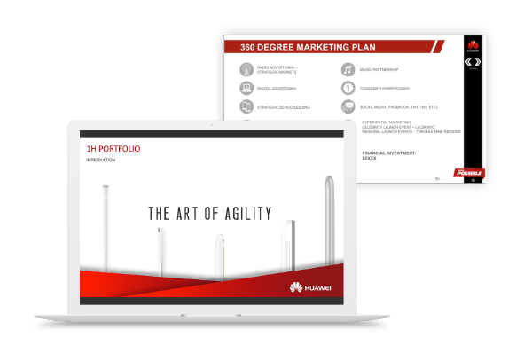 Digital showcase of a marketing campaign presentation for Huawei including sizzle reel videos, animation, and imagery